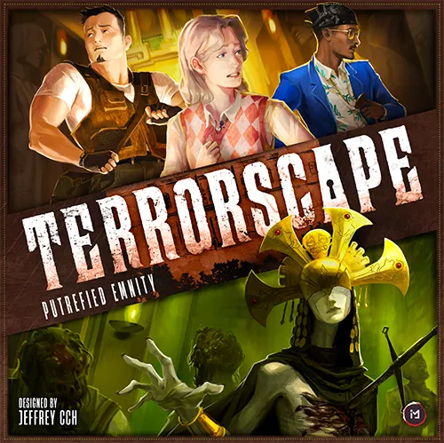 Cover of 'Terrorscape' board game with characters and a statue.