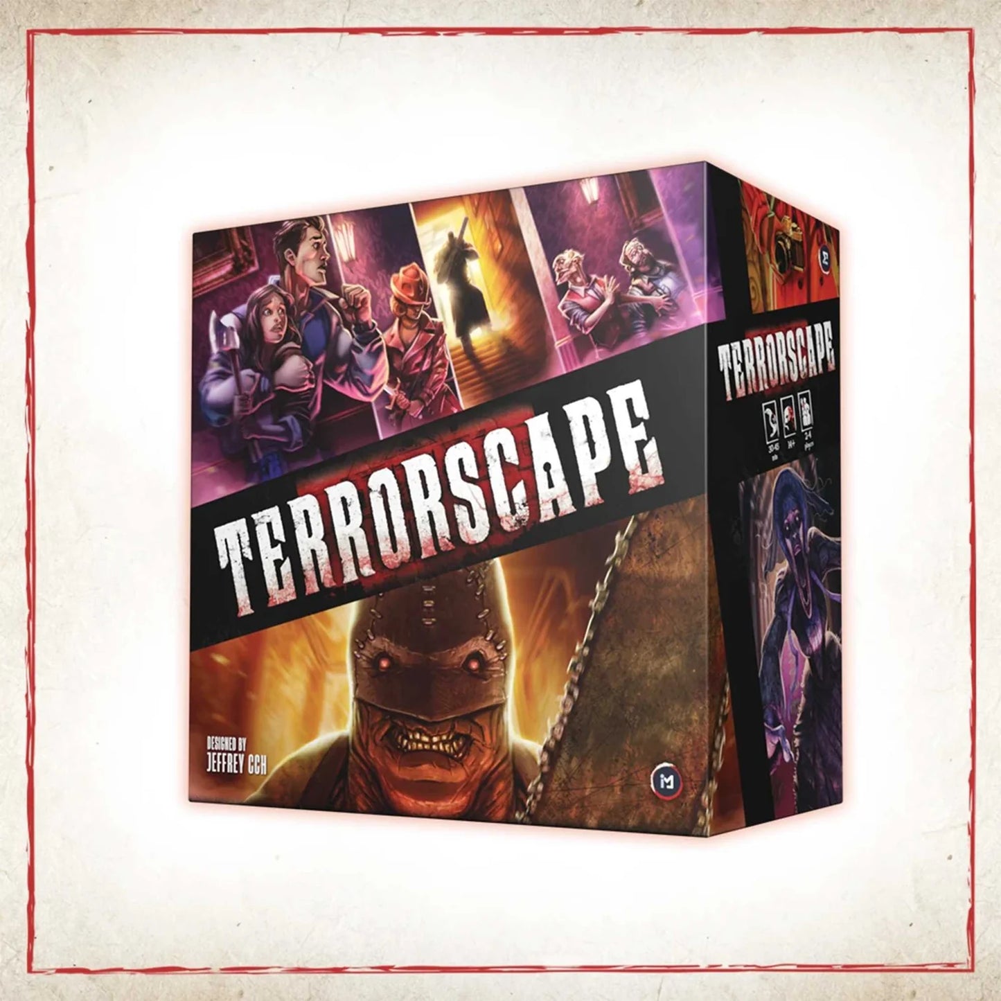 Terrorscape board game box with character illustrations on a light background