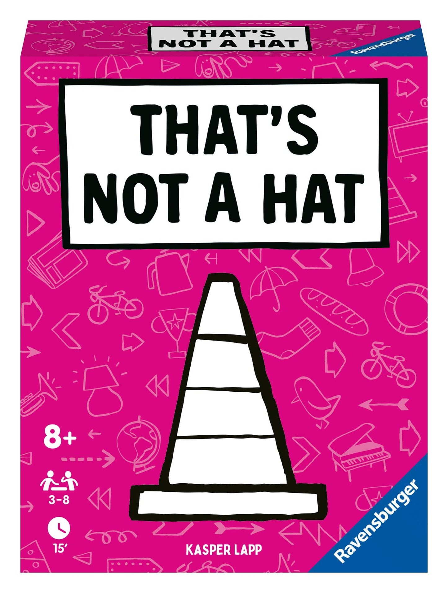 Board game box titled 'That's Not a Hat' by Ravensburger on a pink background.
