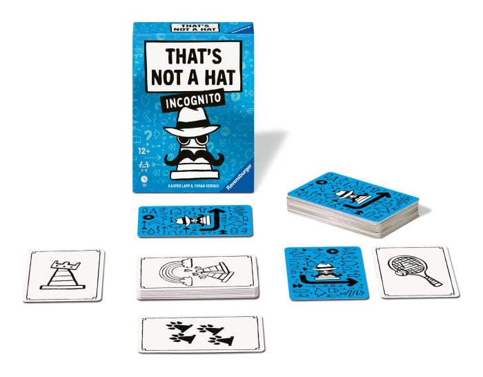 Card game set with cards and a blue box labeled 'That's Not A Hat Incognito' on a white background.