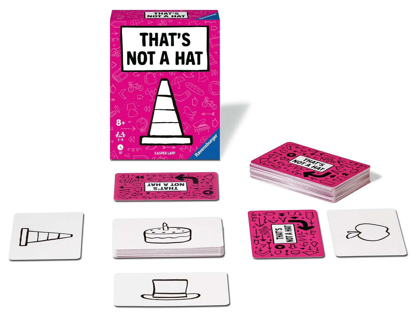 Card game set with pink packaging and cards on a white background