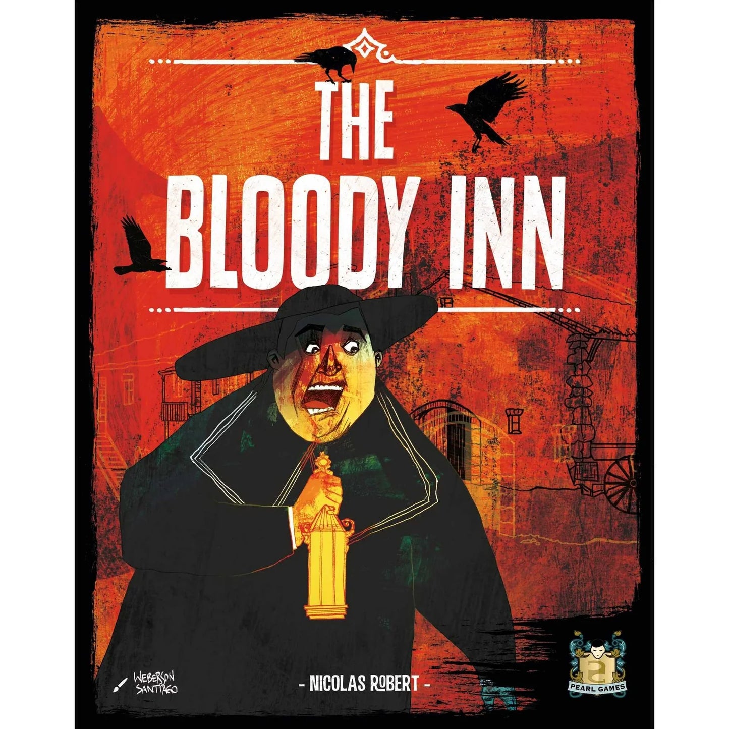 Cover of 'The Bloody Inn' with a character in a black hat and coat holding a golden goblet against an orange background.