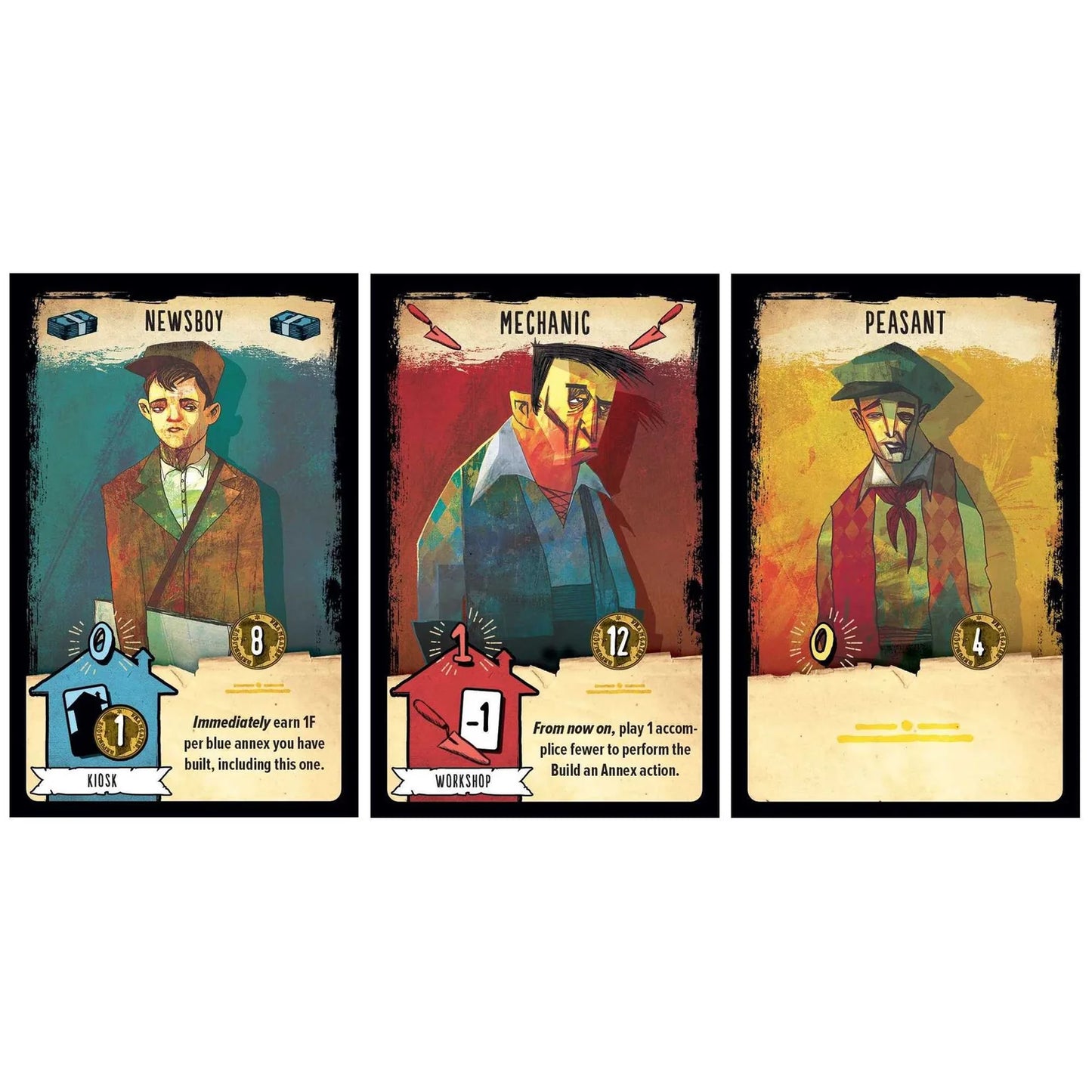 Three game cards featuring characters labeled 'Newsboy', 'Mechanic', and 'Peasant' with descriptive text.