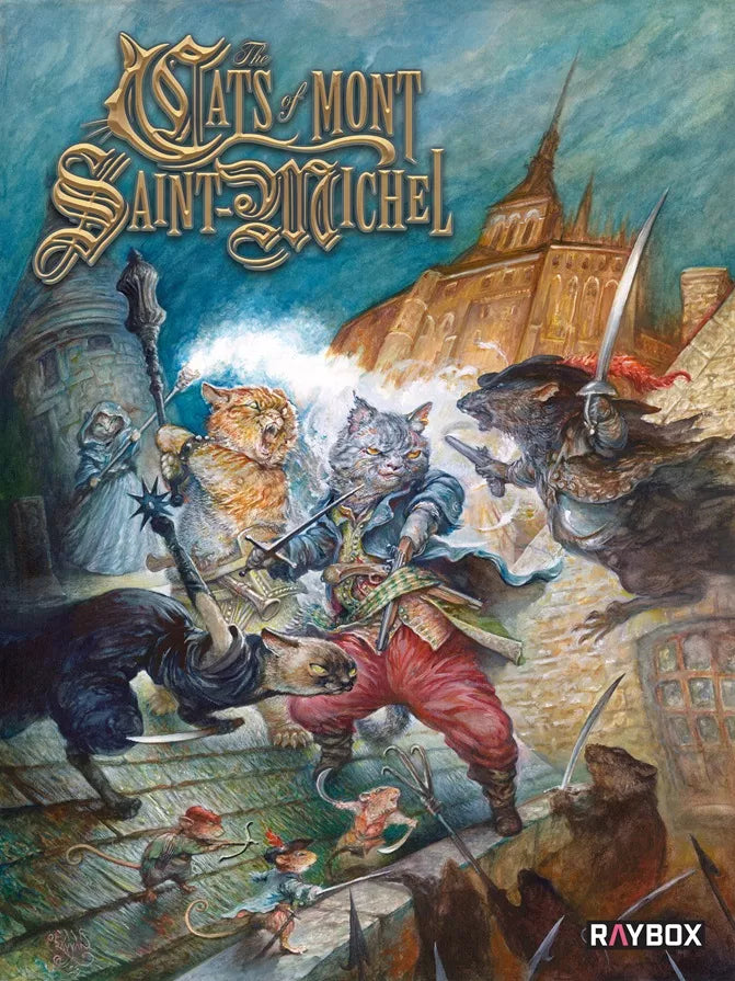 Illustrated cover of 'Cats Mont Saint-Michel' with fantasy elements and a castle in the background.