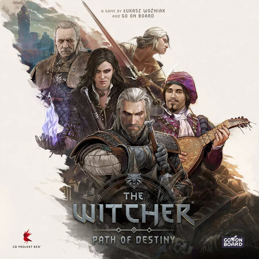 Board game cover featuring characters from 'The Witcher' with 'The Witcher: Path of Destiny' text.