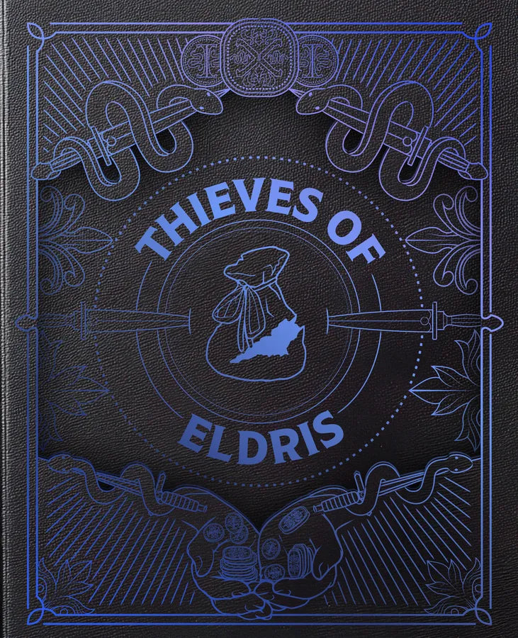 Book cover of 'Thieves of Eldris' with blue embossed design on black background