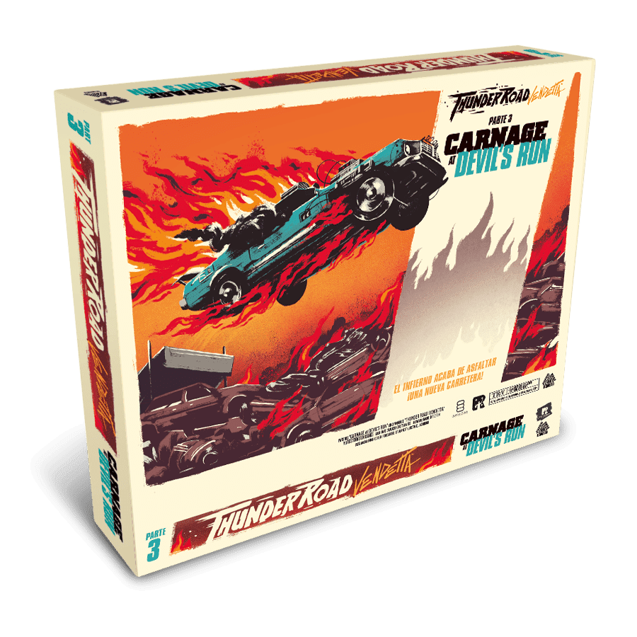 Box art for Thunder Road: Carnage Devil's Run, showing illustrated cars and flames on a green background.