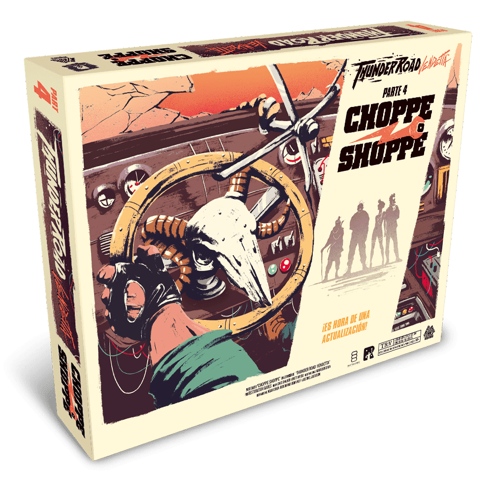 Board game box titled 'Choppe Shoppe' with graphic design elements on a white background