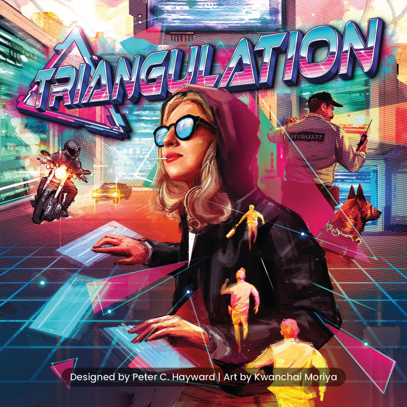 Cover of 'Triangulation' with a futuristic cityscape, people, and text.