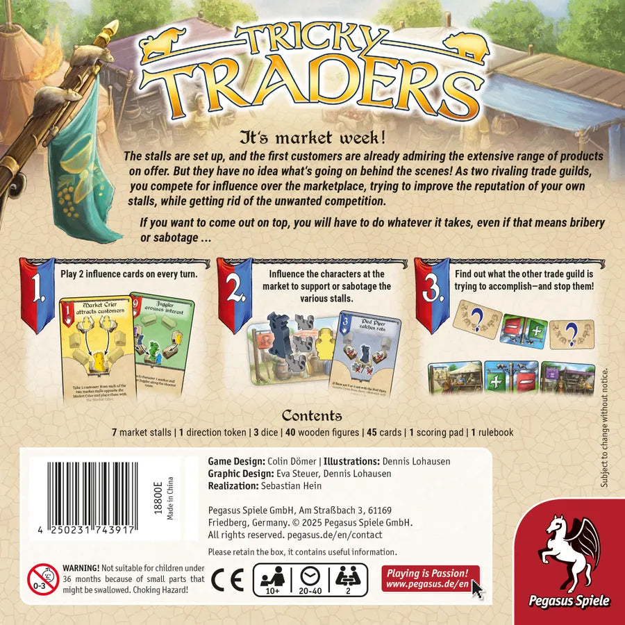 Back cover of 'Tricky Traders' board game packaging with game components and rules.