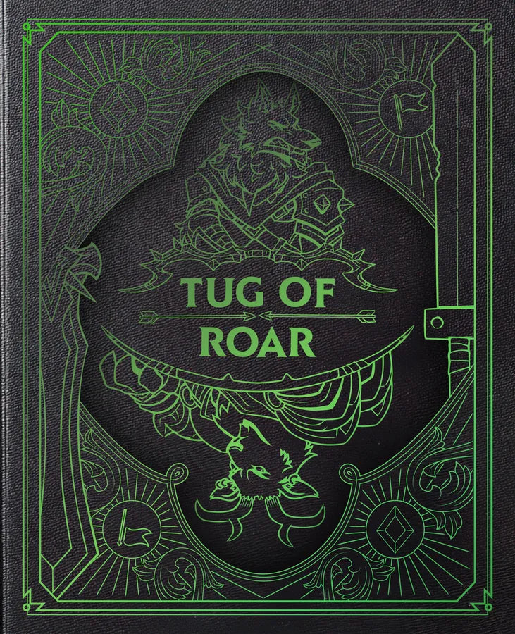 A close-up of a black textured book or box cover with green line-art illustrations and the title 'TUG OF ROAR' centered on the front.