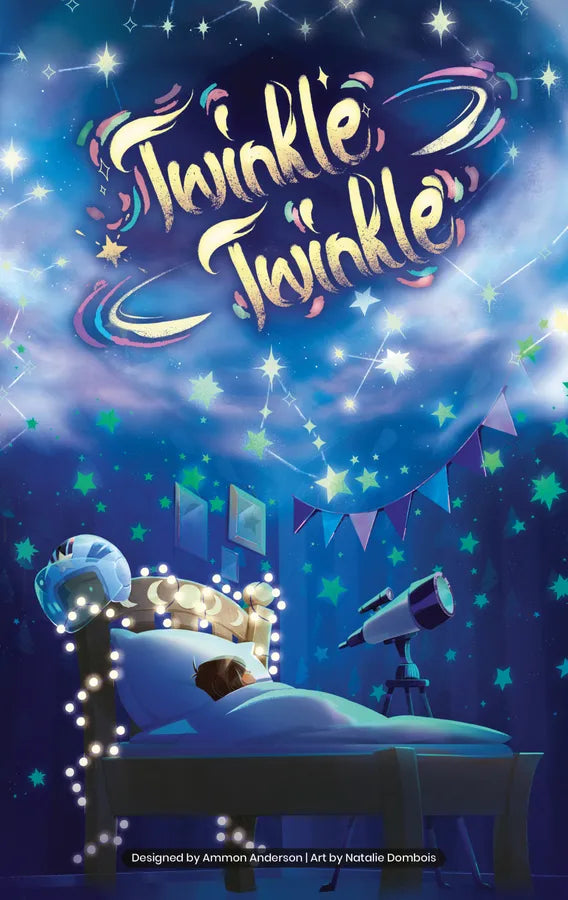 Book cover of 'Twinkle Twinkle' with a child in bed, space helmet, and telescope against a starry night sky.