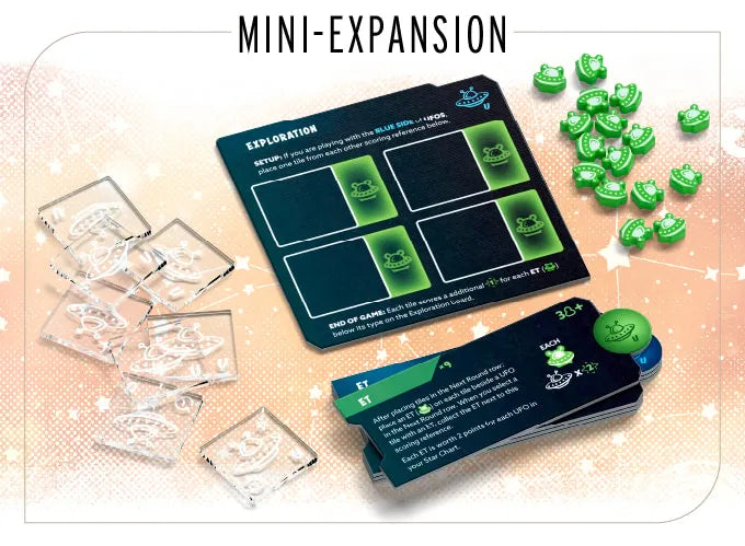 Board game mini-expansion with cards and tokens on a light background