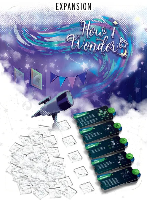 Expansion set for a toy or game with components on a purple and white background