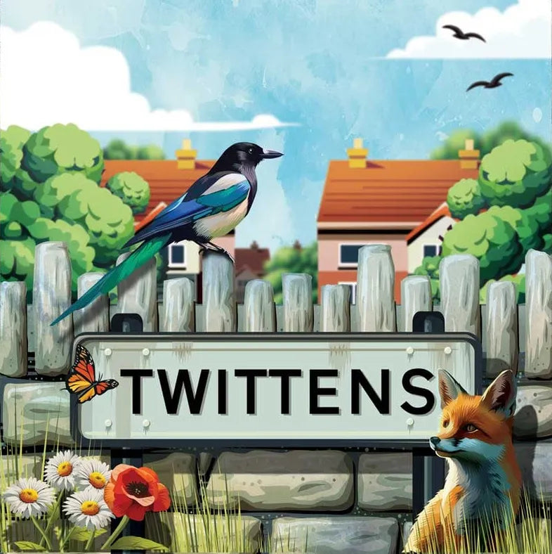 Cartoon scene with a bird, fox, and butterfly near a sign with 'TWITTENS' in a garden setting.