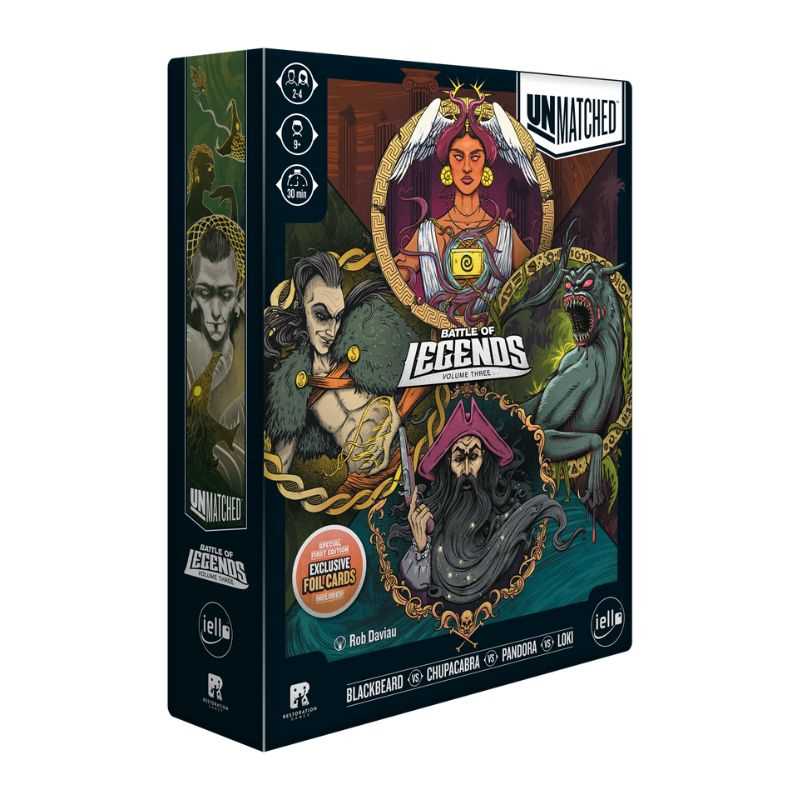 Board game box for 'Battle of Legends' with colorful illustrations on a white background