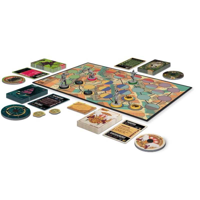 Board game with colorful board, pieces, and cards on a white background