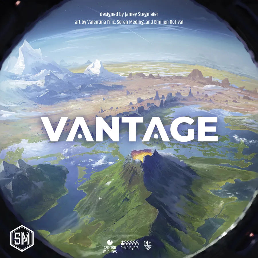 Board game box for 'Vantage' with a scenic landscape illustration.