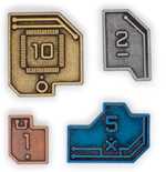 Set of metallic rectangular objects with numbers on a white background