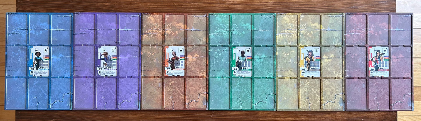 Grid of colorful card holders with cards inside on a wooden surface