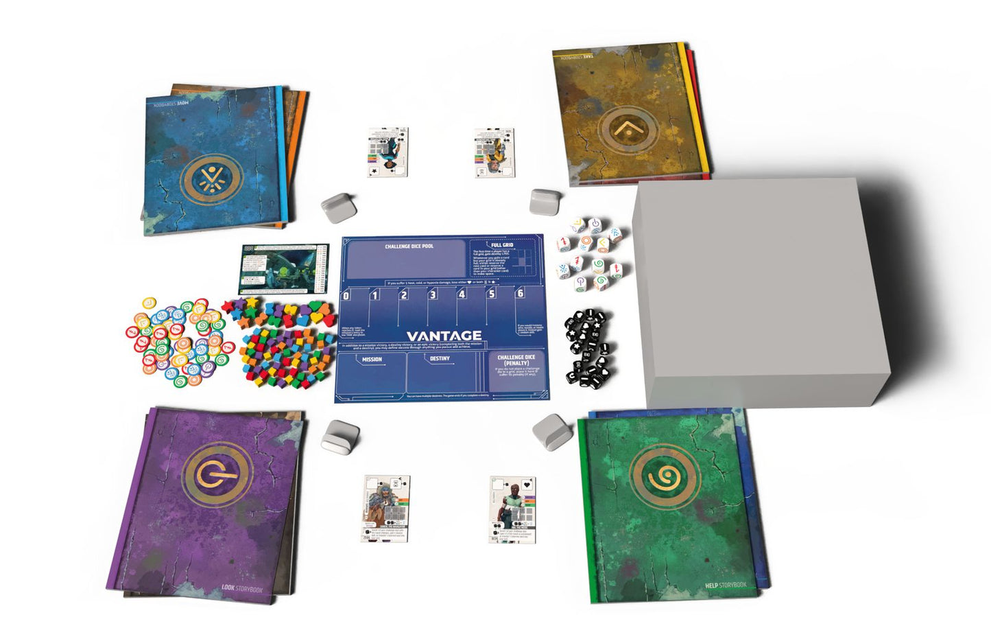 Board game components including cards, dice, and a box on a white background