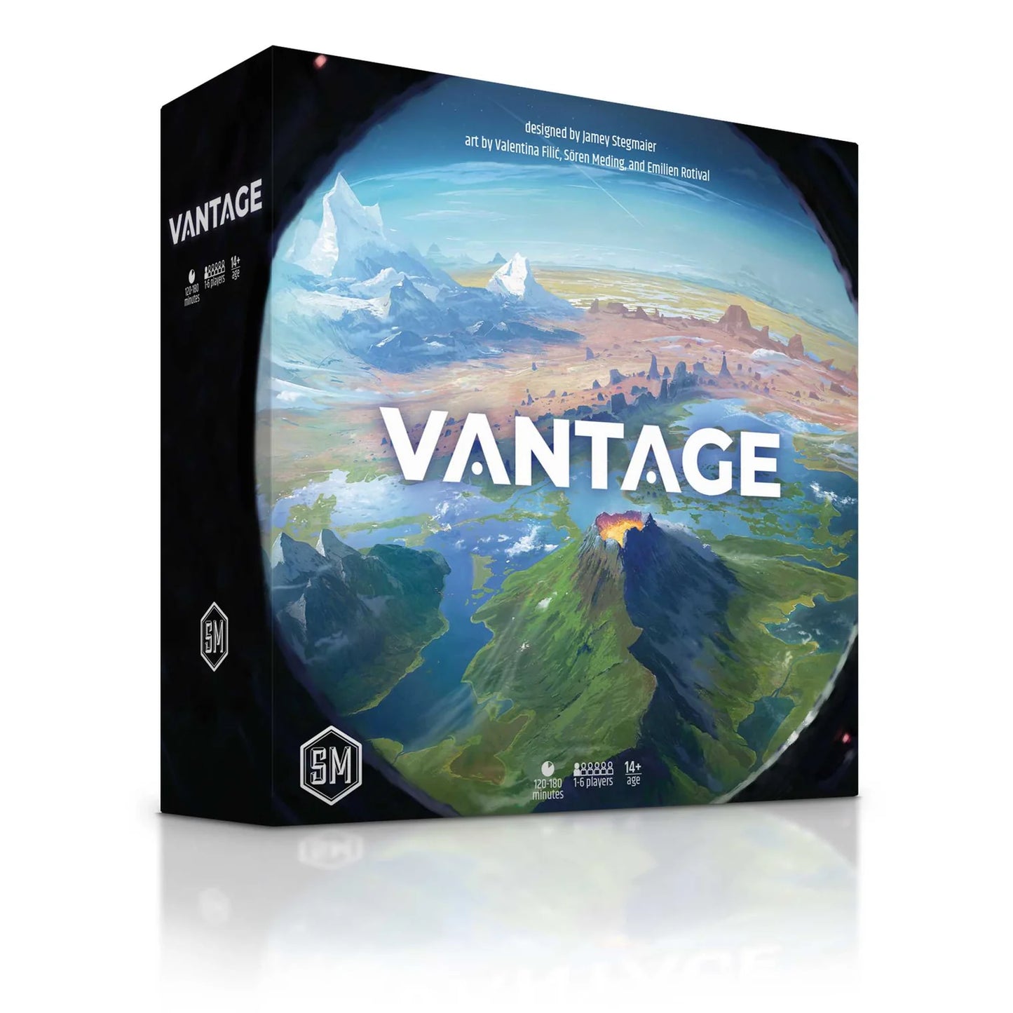Board game box titled 'Vantage' with a scenic design on the cover.