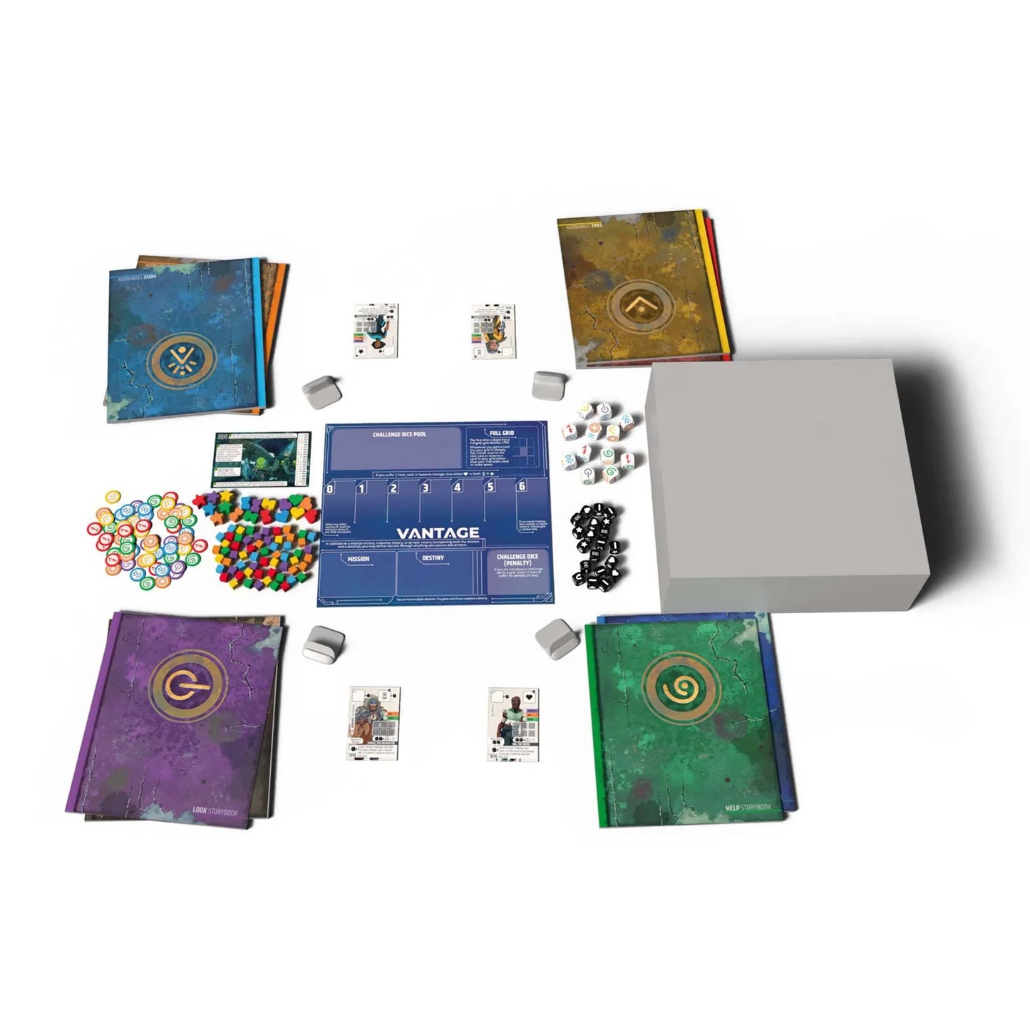 Collection of board game components including cards, dice, and a box on a white background