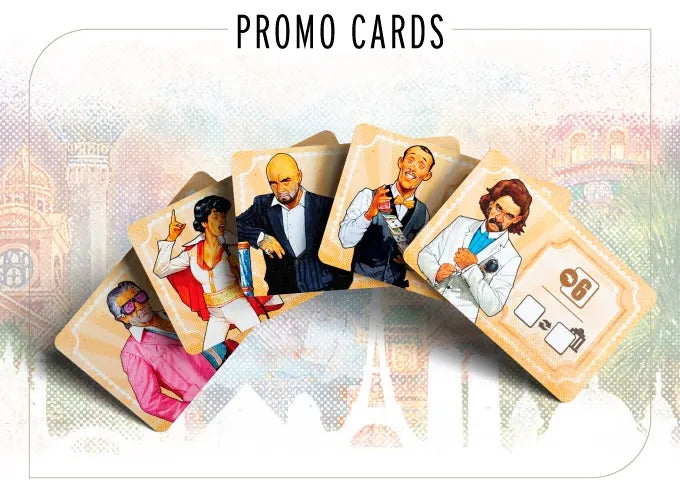 Promo cards with illustrated characters on a decorative background