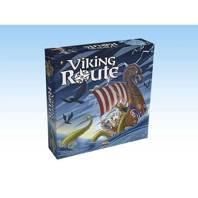 Board game box for 'Viking Route' with a Viking ship design on a blue background