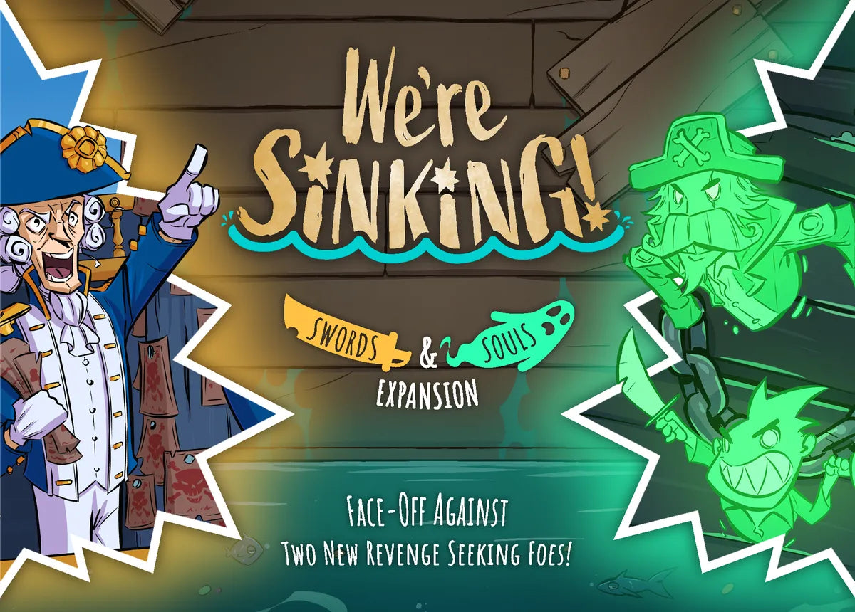 Promotional graphic for 'We're Sinking!' expansion with characters and text on a wooden background.