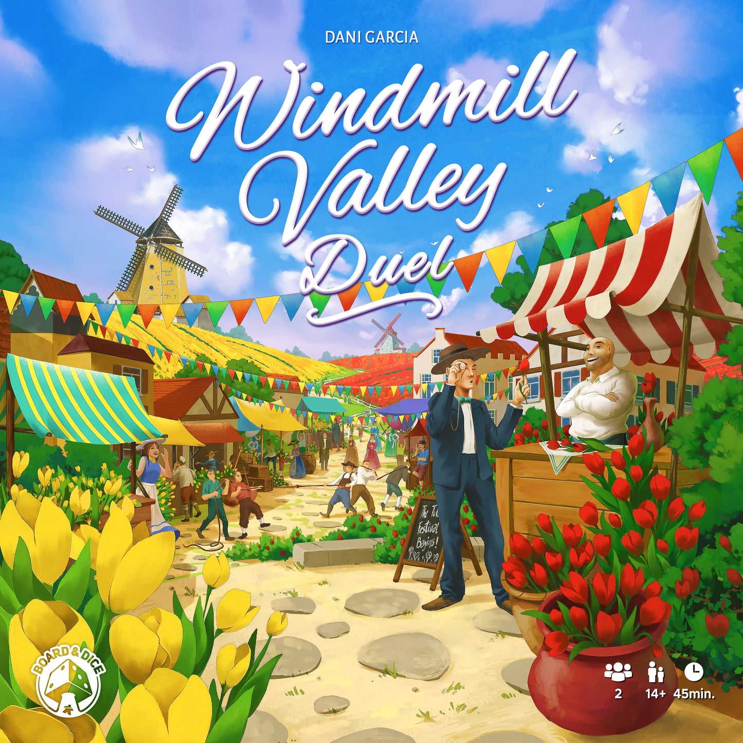Cover of 'Windmill Valley Duel' board game with colorful village scene and characters.
