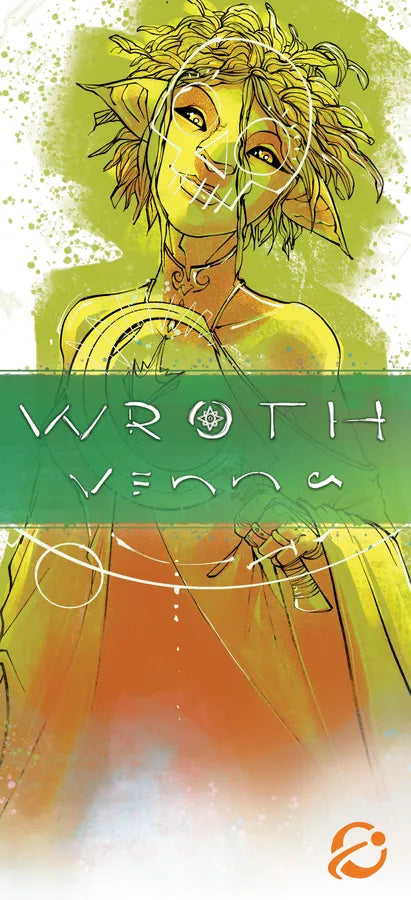 Illustrated character with green and yellow color scheme, featuring the text 'Wroth Venna'.