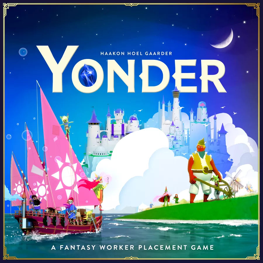 Cover of 'Yonder' board game with a fantasy-themed illustration of a boat, characters, and a castle.