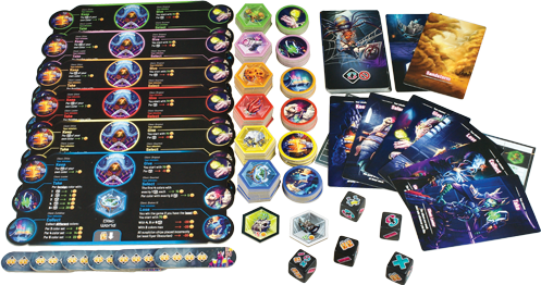 Collection of board game components including cards, dice, and hexagonal tiles on a white background