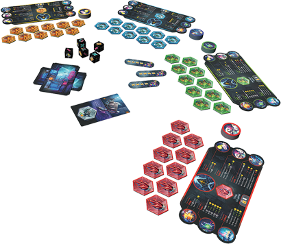 Collection of board game components including cards, hexagons, and game pieces on a white background