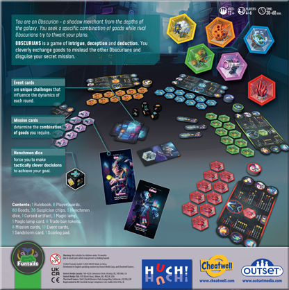 Board game packaging with game pieces and cards on a dark background