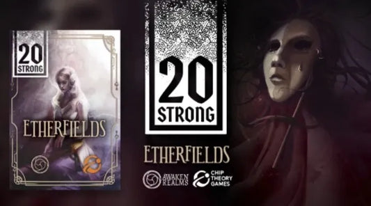 Card game packaging for '20 Strong Etherfields' with a dark and mystical theme.