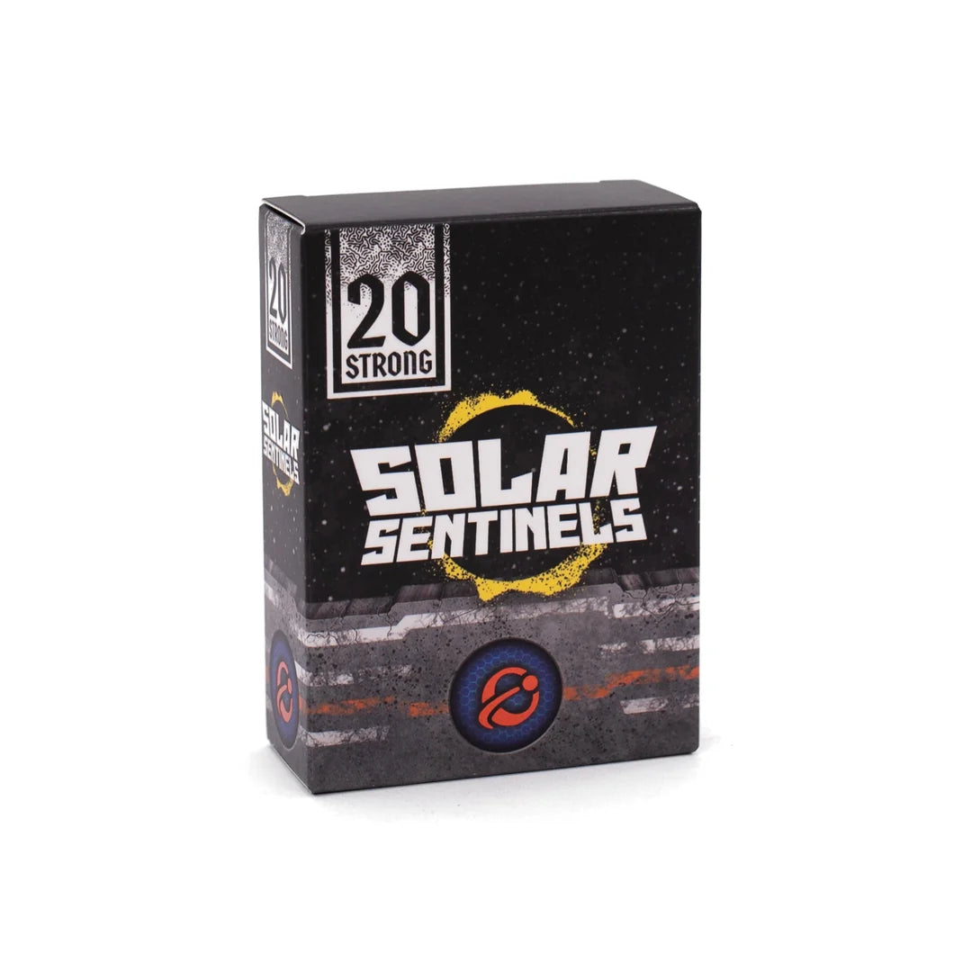 A rectangular product box for Solar Sentinels 20 Strong, featuring a black and dark gray design with a yellow ring graphic and white text, set against a plain white background.