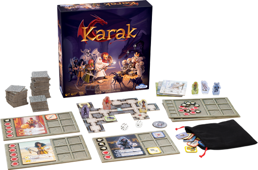 Board game set with 'Karak' box on a white background