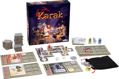 Board game set with 'Karak' box on a white background