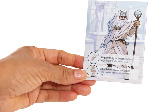 Hand holding a card with a character illustration and text on a white background