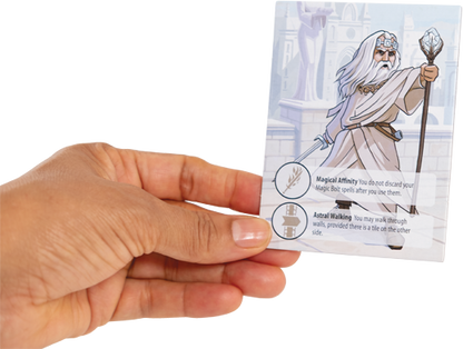 Hand holding a card with a character illustration and text on a white background