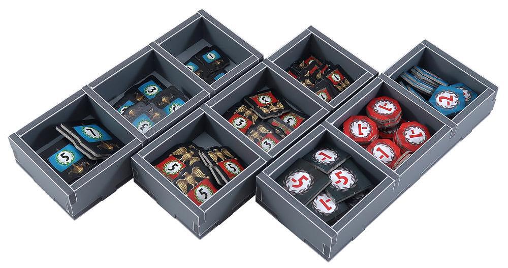 Set of gray dice trays with compartments for dice and game components on a white background