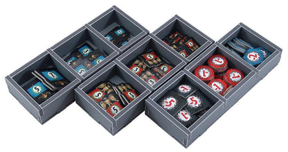 Set of gray dice trays with compartments for dice and game components on a white background