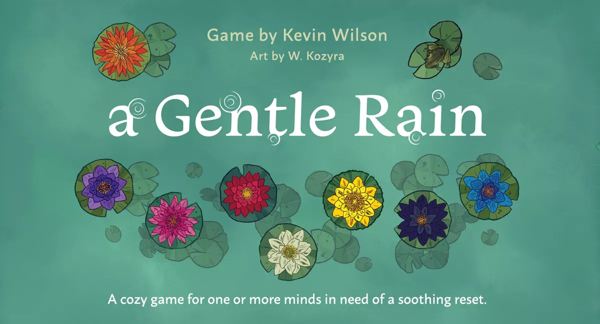 Cover of 'a Gentle Rain' game with colorful flowers and text on a green background