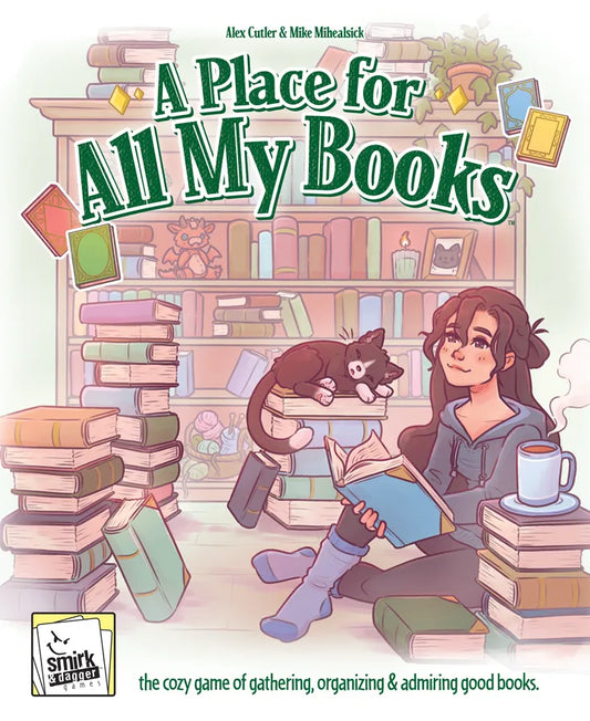 Cover of 'A Place for All My Books' with a person reading a book, a cat, and stacks of books.