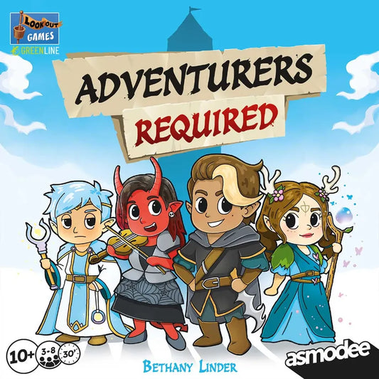 Board game cover with cartoon characters and 'Adventurers Required' sign, featuring Lookout Games and Asmodee logos.