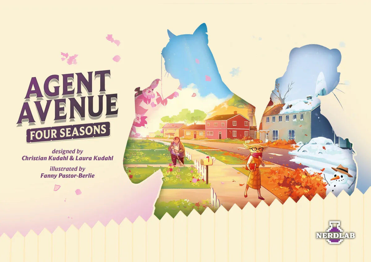 Illustrated book or poster cover for 'Agent Avenue: Four Seasons' showing a cream background with large silhouette cutouts of horse and car shapes filled with seasonal scenes, plus the title and Nerdleap logo.
