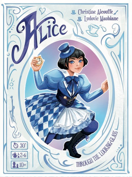Card game box for 'Alice Through the Looking Glass' with an illustration of a character in a blue dress and hat.
