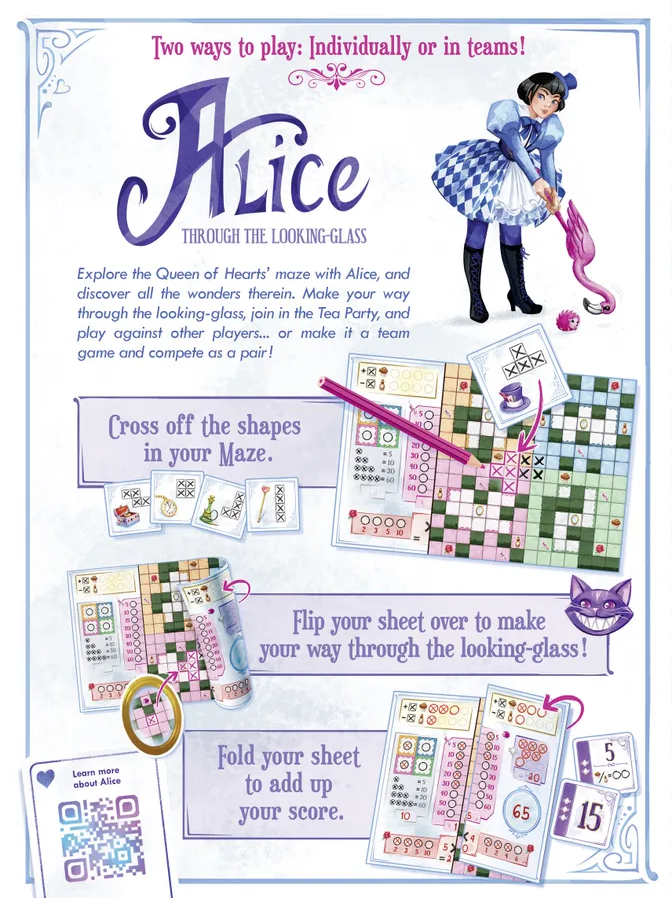 Instruction sheet for 'Alice Through the Looking Glass' party game, featuring a whimsical Alice illustration, purple title text, and step-by-step directions on how to play with game boards and cards.